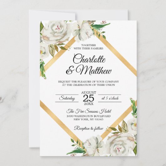Waterverf Antiek Wit Goud Bloemen Bruiloft Kaart (Voorkant)