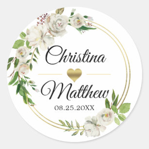 Waterverf Antiek Wit Goud Bloemen BRUILOFT Ronde Sticker