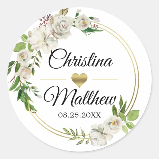 Waterverf Antiek Wit Goud Bloemen BRUILOFT Ronde Sticker (Voorkant)