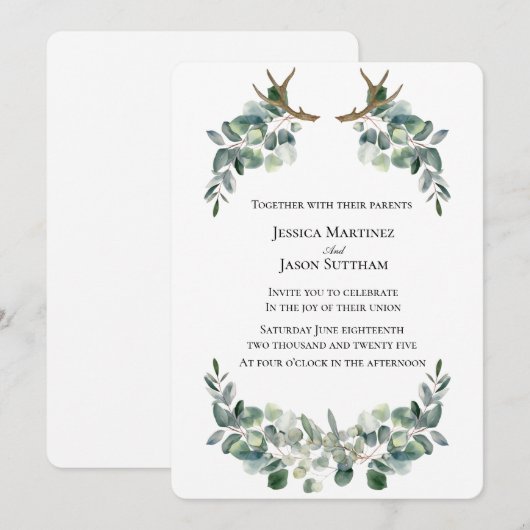 Waterverf Antler & Eucalyptus Viking Bruiloft Kaart (Voorkant / Achterkant)