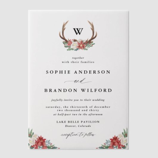 Waterverf Antler Krans Monogram Vakantie Trouwen Vellum Uitnodigingen (Voorkant)