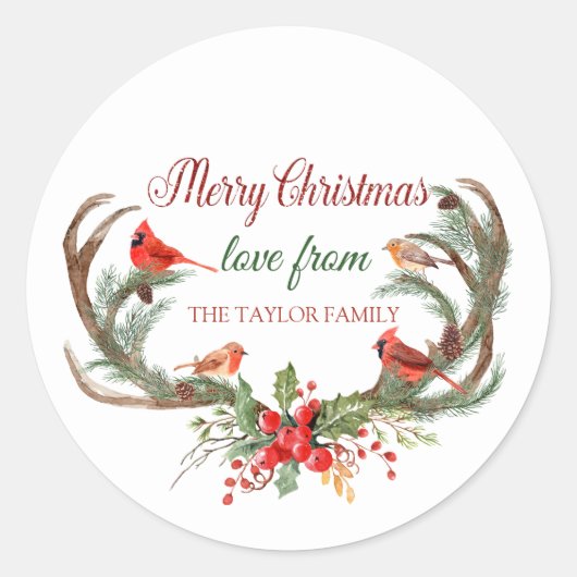 Waterverf Antler rendier kardinaal kerst Ronde Sticker (Voorkant)