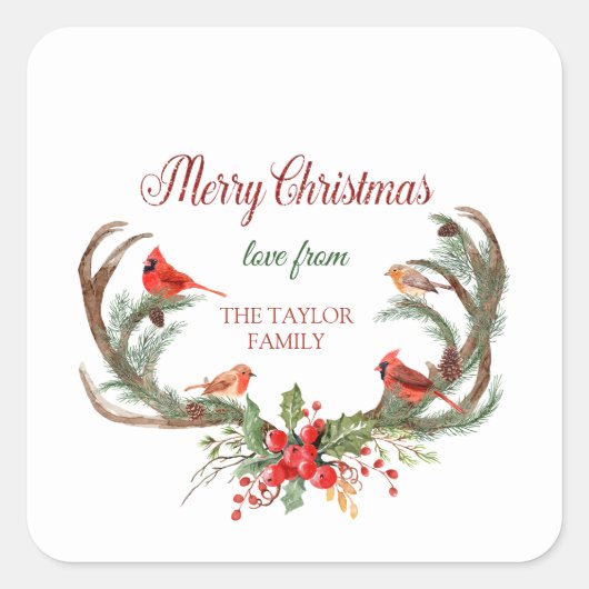 Waterverf Antler rendier kardinaal kerst Vierkante Sticker (Voorkant)