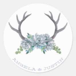 Waterverf Antlers en Echeveria Country Wedding Ronde Sticker