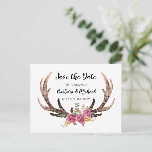 Waterverf Antlers Save the Date Land Bruiloft Aankondigingskaart (Staand voorkant)