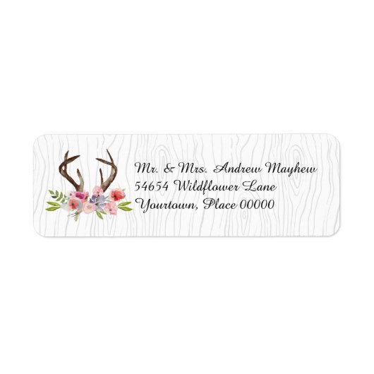 Waterverf Antlers Wildbloemen Faux Bois Adres Etiket (Voorkant)