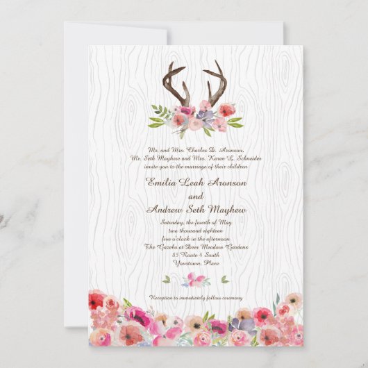 Waterverf Antlers Wildbloemen Faux Bois Wedding Kaart (Voorkant)