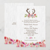 Waterverf Antlers Wildbloemen Faux Bois Wedding Kaart (Voorkant / Achterkant)