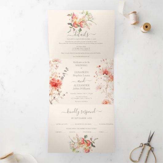 Waterverf Appels Elegant Fall Wedding Drieluik Aankondiging (Binnen)