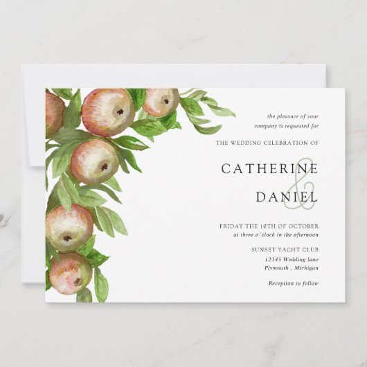 Waterverf appels met bladeren horizontale bruiloft kaart (Voorkant)