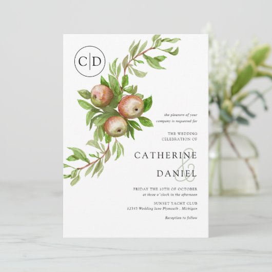 Waterverf appels met monogram bruiloft kaart (Staand voorkant)