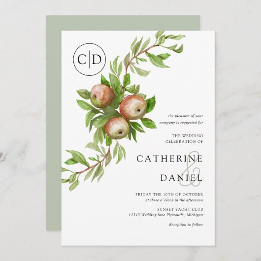 Waterverf appels met monogram bruiloft kaart (Voorkant / Achterkant)