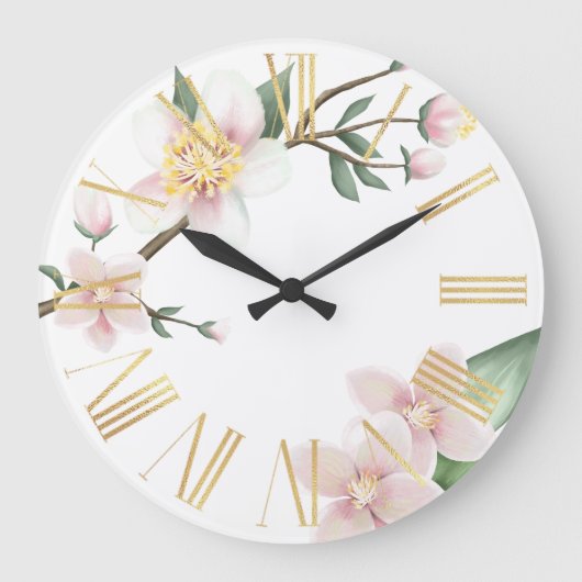 Waterverf Apple Blossom en Gold Roman Numerals Grote Klok (Voorkant)