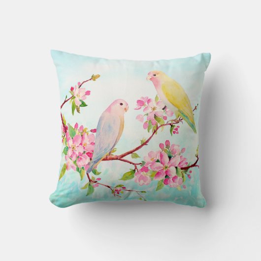 Waterverf Apple Blossom en Tortelduifjes Cushion Kussen (Voorkant)