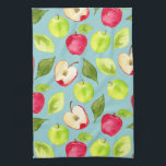Waterverf Apples Patroon Theedoek<br><div class="desc">Dit is een patroon van appels. Er zijn groene en rode appels. De ene wordt in de helft gesneden. Er zijn ook wat bladeren in het patroon gemengd. De appels waren gekleurd in de waterverf.</div>