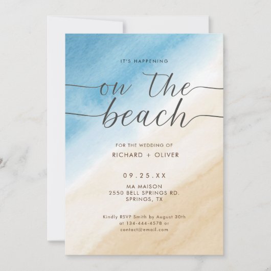 Waterverf aqua blauw op het strand bruiloft kaart (Voorkant)