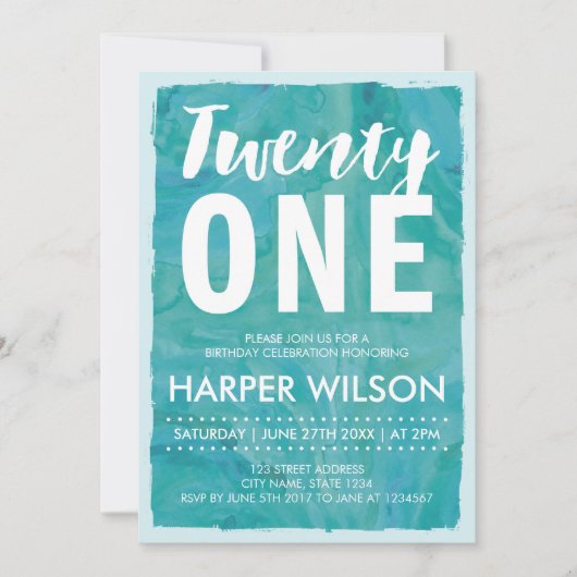 Waterverf Aqua Blue 21e verjaardag Uitnodiging (Voorkant)