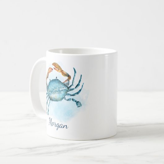 Waterverf Aqua Blue Crab Gepersonaliseerde Kust Koffiemok (Voorkant links)