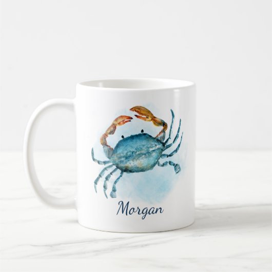 Waterverf Aqua Blue Crab Gepersonaliseerde Kust Koffiemok (Links)