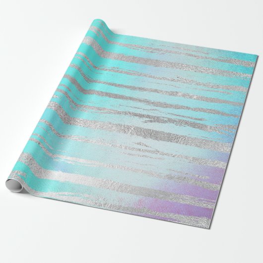 Waterverf Aqua Blue Pastel Silver Strokes Cadeaupapier (Uitgerold)