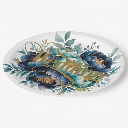 Waterverf Aqua Navy Blue Peony Bloemen Huwelijk Papieren Bordje (Gekanteld)