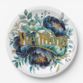 Waterverf Aqua Navy Blue Peony Bloemen Huwelijk Papieren Bordje (Voorkant)