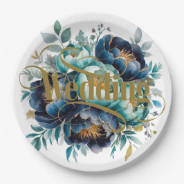 Waterverf Aqua Navy Blue Peony Bloemen Huwelijk Papieren Bordje