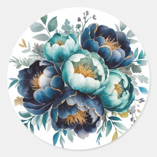 Waterverf Aqua Navy Blue Peony Bloemen Huwelijk Ronde Sticker (Voorkant)