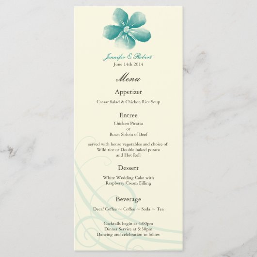 Waterverf Aqua Wedding Menu Kaart (Voorkant)