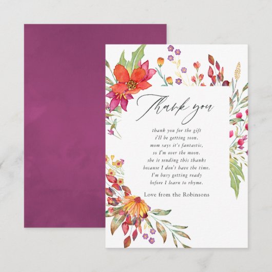 Waterverf Aquarelle Wild Flower Baby shower Bedankkaart (Voorkant / Achterkant)