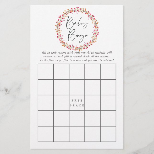 Waterverf Aquarelle Wild Flower Baby shower Bingo (Voorkant)