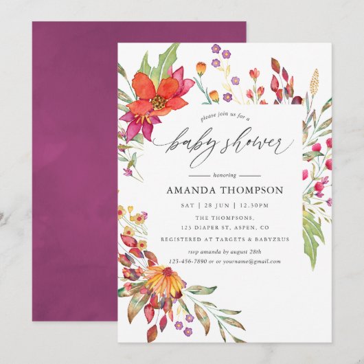 Waterverf Aquarelle Wild Flower Baby shower Kaart (Voorkant / Achterkant)