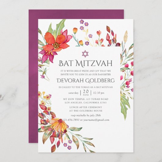 Waterverf Aquarelle Wild Flower Bat Mitzvah Kaart (Voorkant / Achterkant)