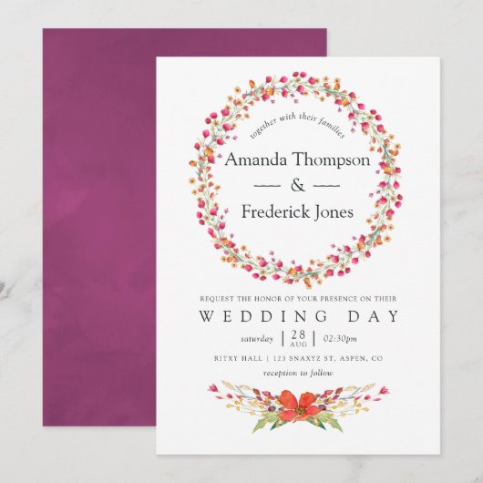 Waterverf Aquarelle Wild Flower Wedding Kaart (Voorkant / Achterkant)