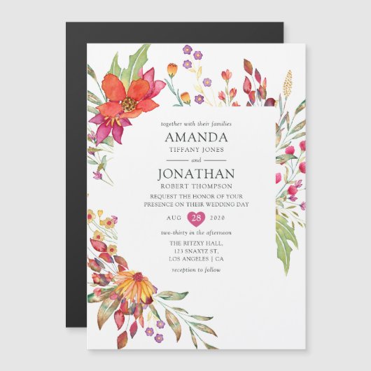 Waterverf Aquarelle Wild Flower Wedding Magnetische Uitnodiging (Voorkant / Achterkant)