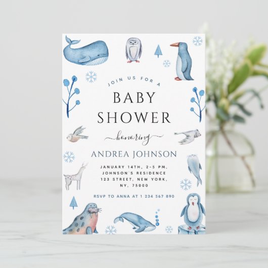 Waterverf Arctic Animals Winter Xmas Baby shower Kaart (Staand voorkant)