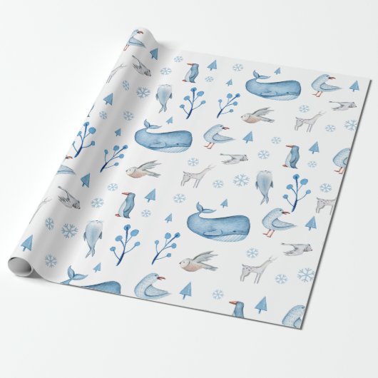 Waterverf Arctic Animals Winterthema Verjaardag Cadeaupapier (Uitgerold)