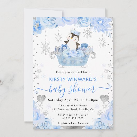 Waterverf Arctic Penguin Floral Baby shower Kaart (Voorkant)