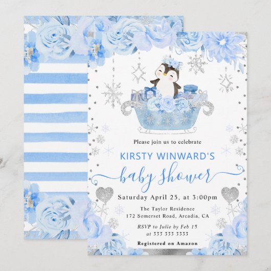 Waterverf Arctic Penguin Floral Baby shower Kaart (Voorkant / Achterkant)