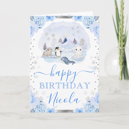 Waterverf Arctische Dieren Bloemendag Kaart (Voorkant)