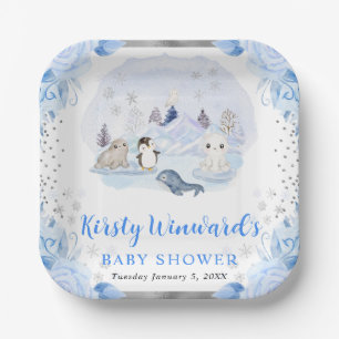 Waterverf Arctische Dieren Bloemige Baby Shower Papieren Bordje