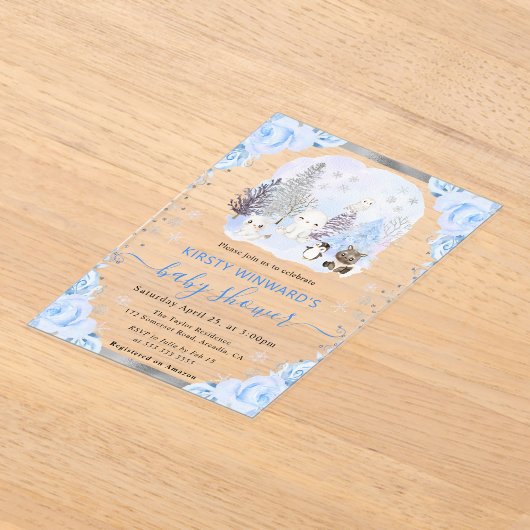 Waterverf Arctische Dieren Floral Baby shower Acryl Uitnodigingen (Laagn)
