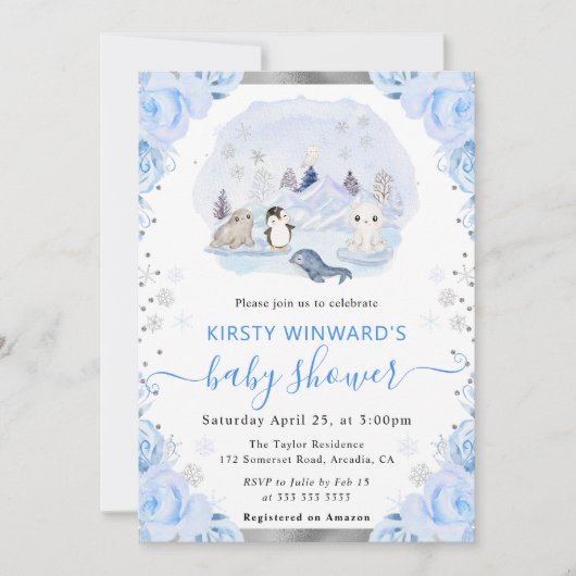 Waterverf Arctische Dieren Floral Baby shower Kaart (Voorkant)