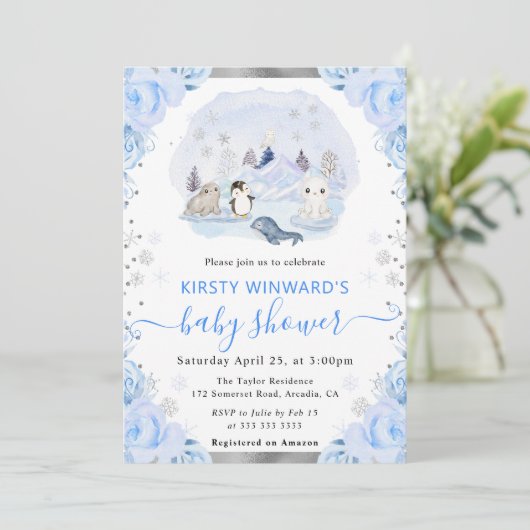 Waterverf Arctische Dieren Floral Baby shower Kaart (Staand voorkant)