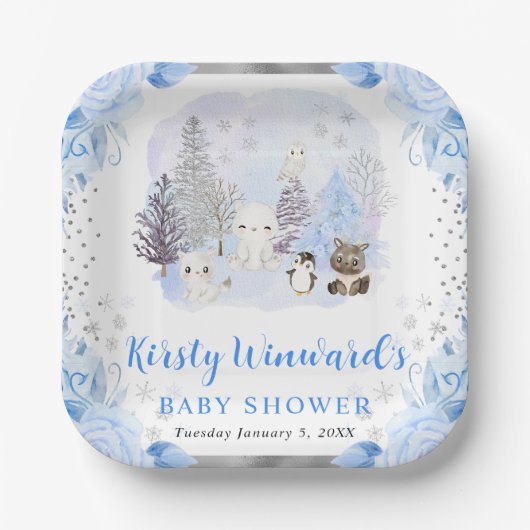 Waterverf Arctische Dieren Floral Baby shower Papieren Bordje (Voorkant)