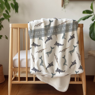 Waterverf Arctische Walvissen Patroon Monogram Sherpa Deken