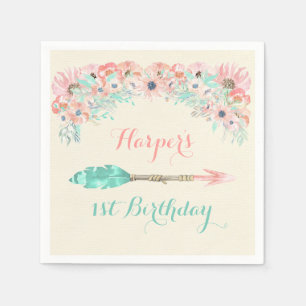 Waterverf Arrow Feathers Flowers Pink Peach Mint Servetten