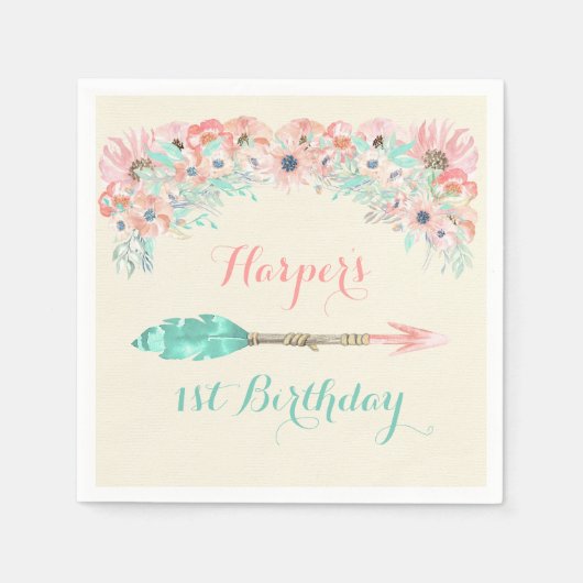 Waterverf Arrow Feathers Flowers Pink Peach Mint Servetten (Voorkant)