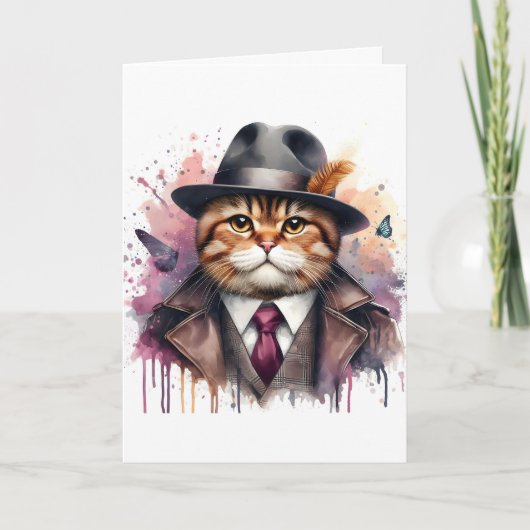 Waterverf Art Cat in Suit Stropdas Jas Pet Splatte Kaart (Voorkant)