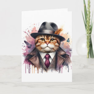 Waterverf Art Cat in Suit Stropdas Jas Pet Splatte Kaart